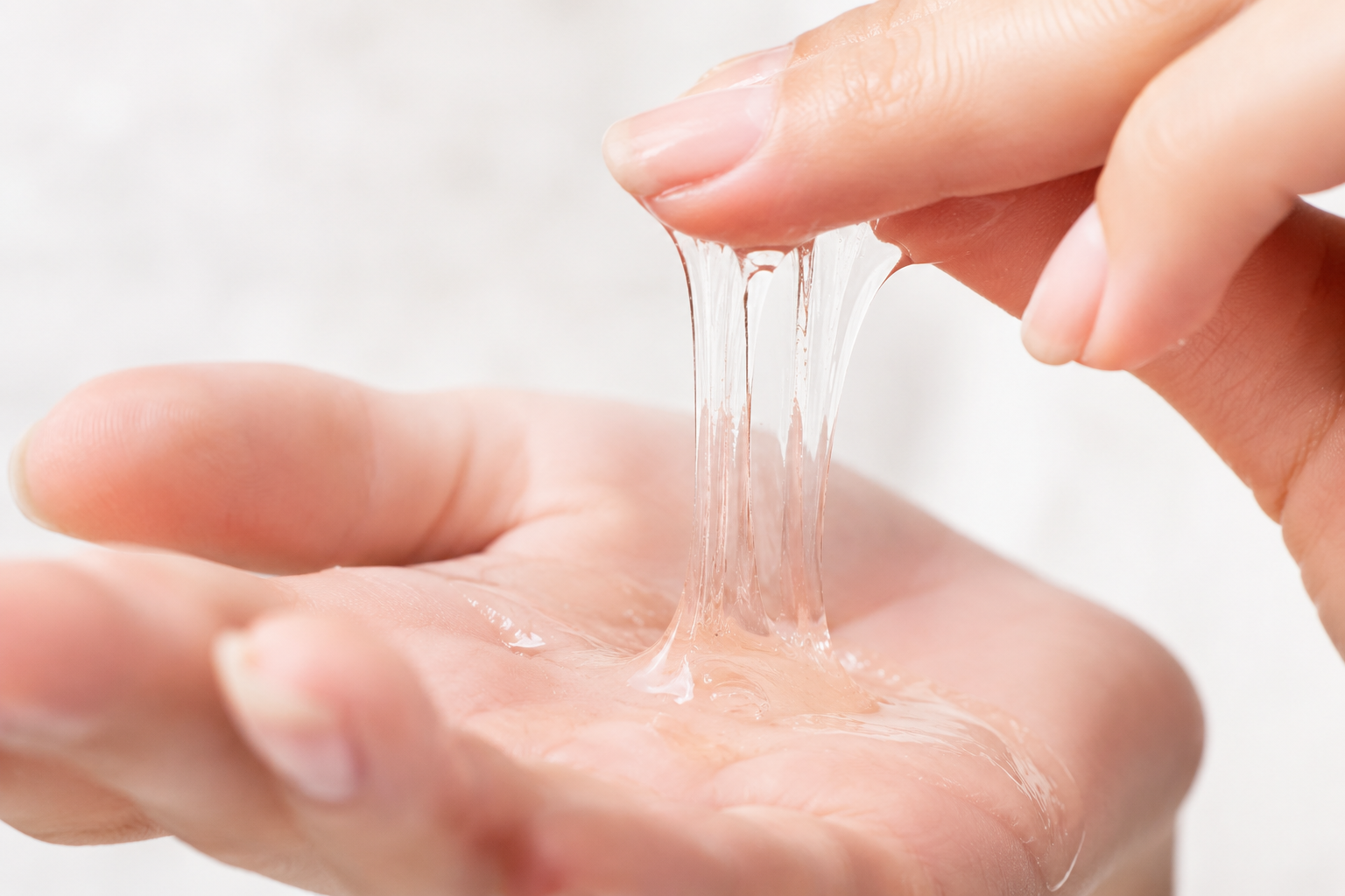 Textura viscosa e transparente da mucina de caracol sendo esticada entre os dedos